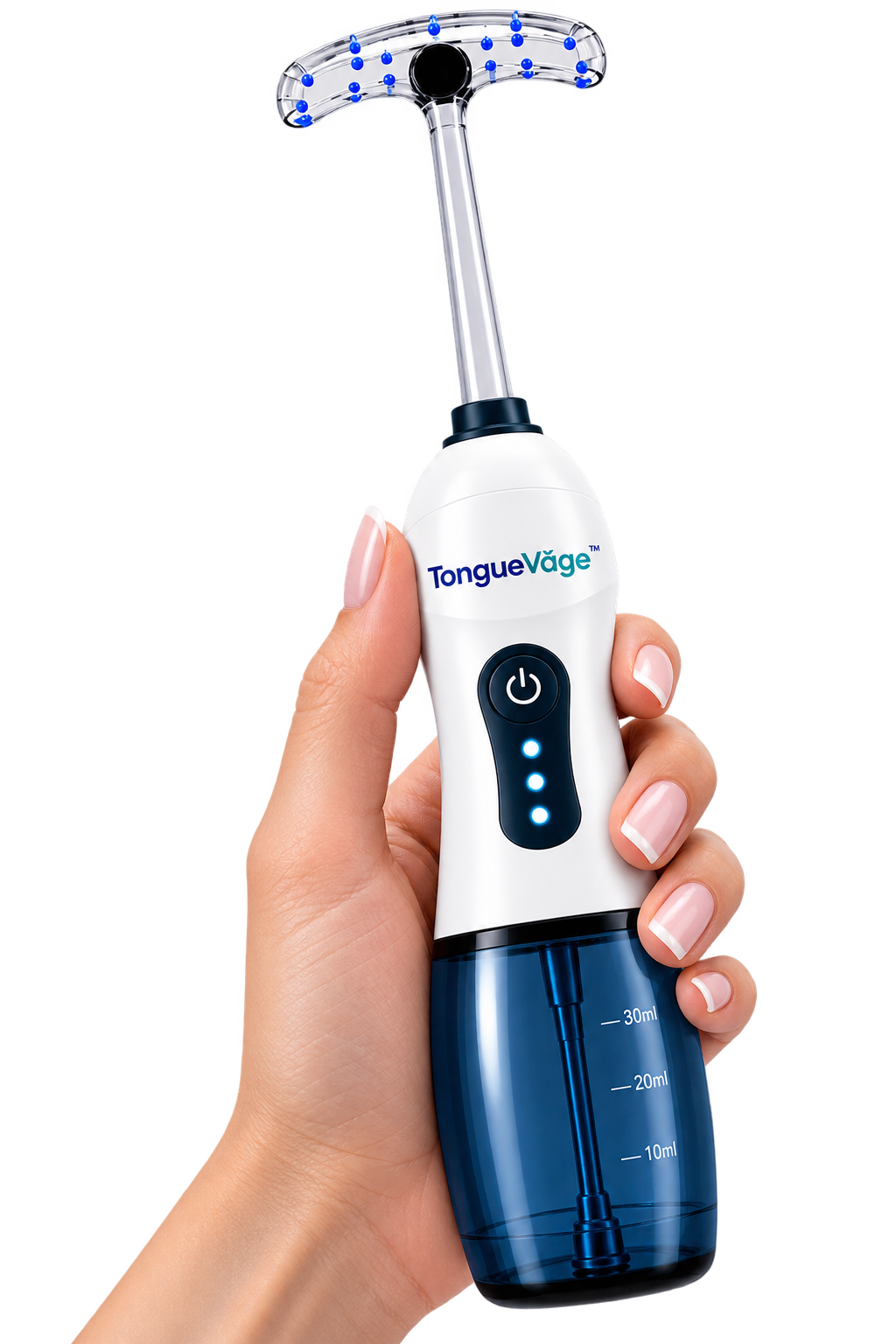 Hand holding TongueVǎge™ device showing reservoir